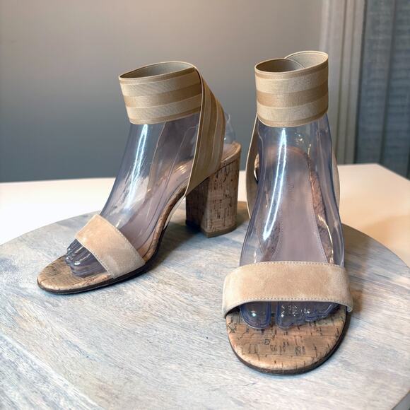 Gianvito Rossi Suede Cork Sandals Elastic Ankle Strap Beige 38.5 US 8.5 Italy - Picture 3 of 13